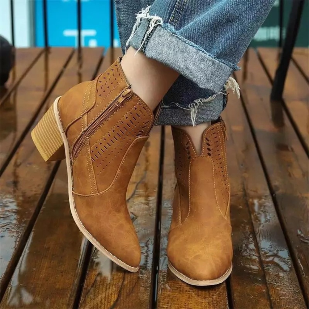 Light BrownLaser Cutout Tan Heeled Zip Ankle Boots - Picture 4 of 6